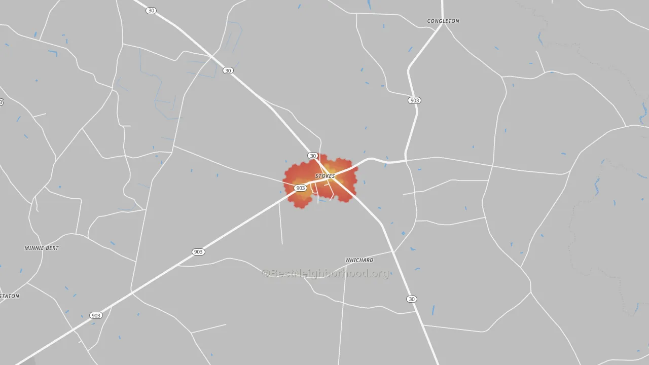 Walk Grade map of Stokes, NC, walkable areas in green and car-dependent areas in red