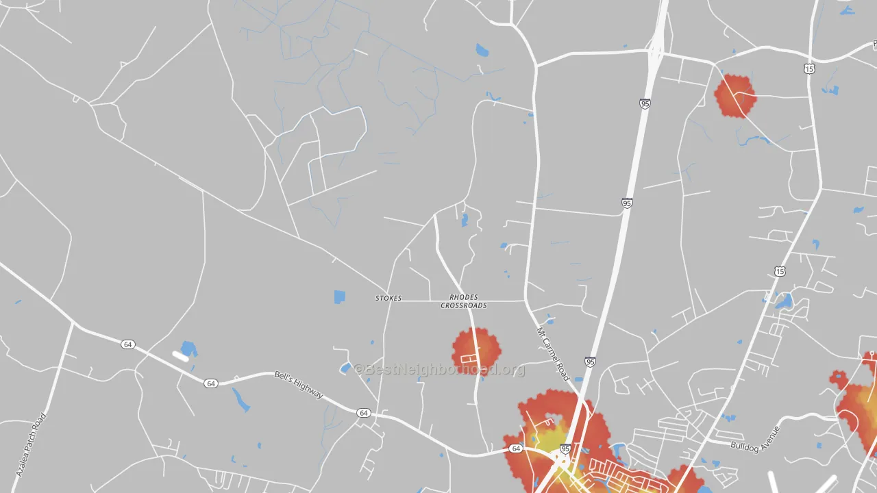 Walk Grade map of Stokes, SC, walkable areas in green and car-dependent areas in red