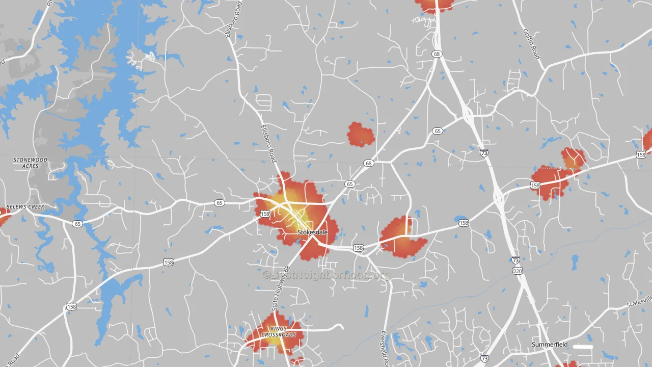 Walk Grade map of Stokesdale, NC, walkable areas in green and car-dependent areas in red