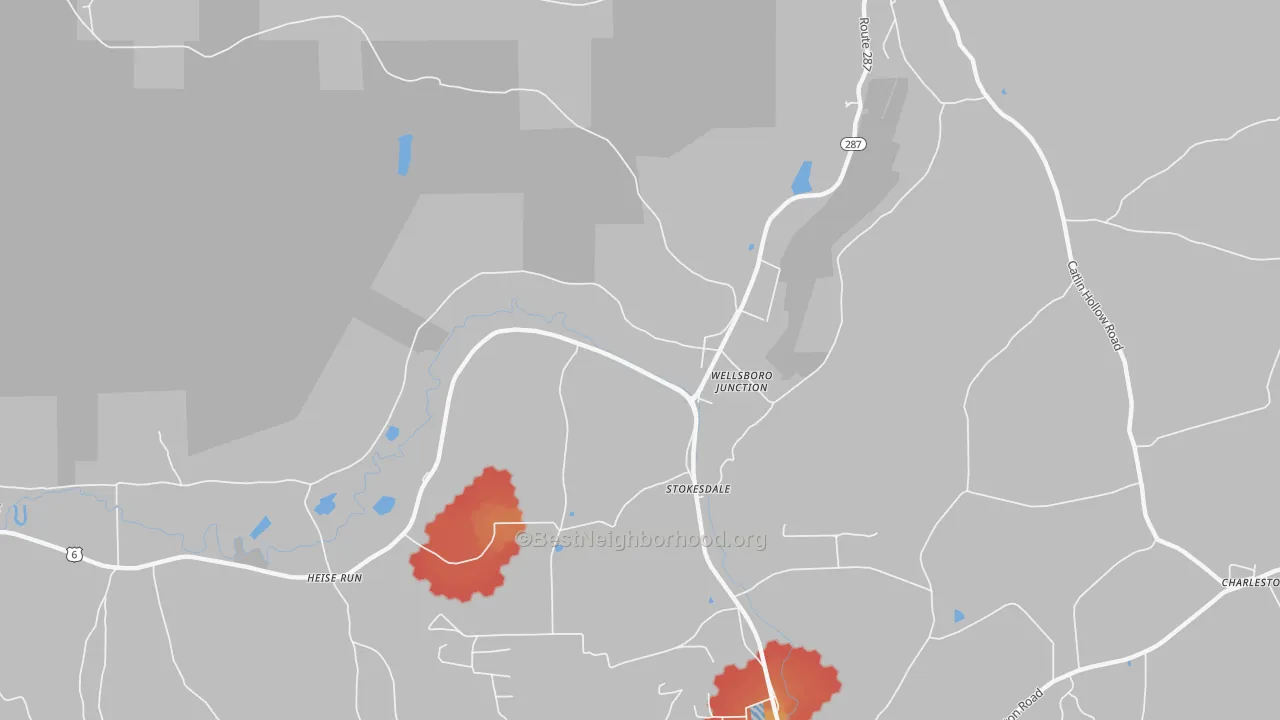 Walk Grade map of Stokesdale, PA, walkable areas in green and car-dependent areas in red