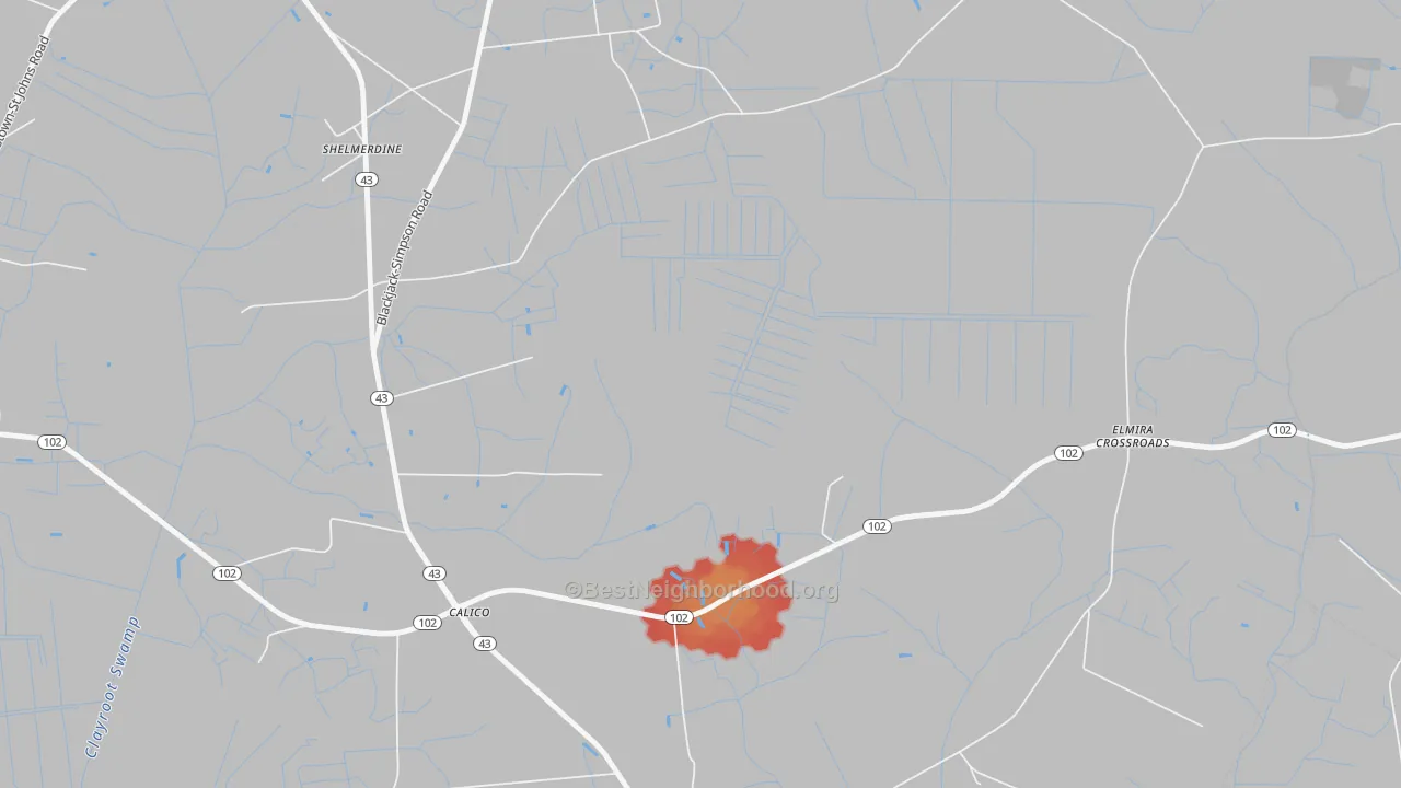 Walk Grade map of Stokestown, NC, walkable areas in green and car-dependent areas in red
