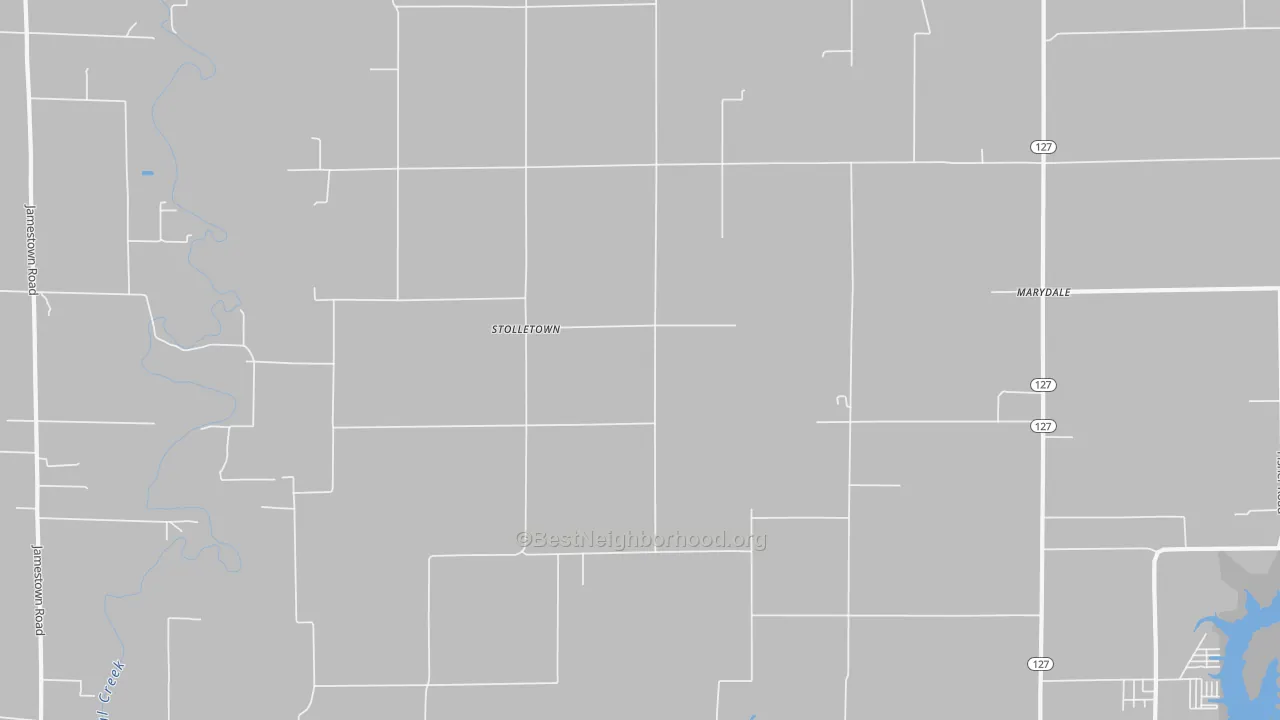 Walk Grade map of Stolletown, IL, walkable areas in green and car-dependent areas in red