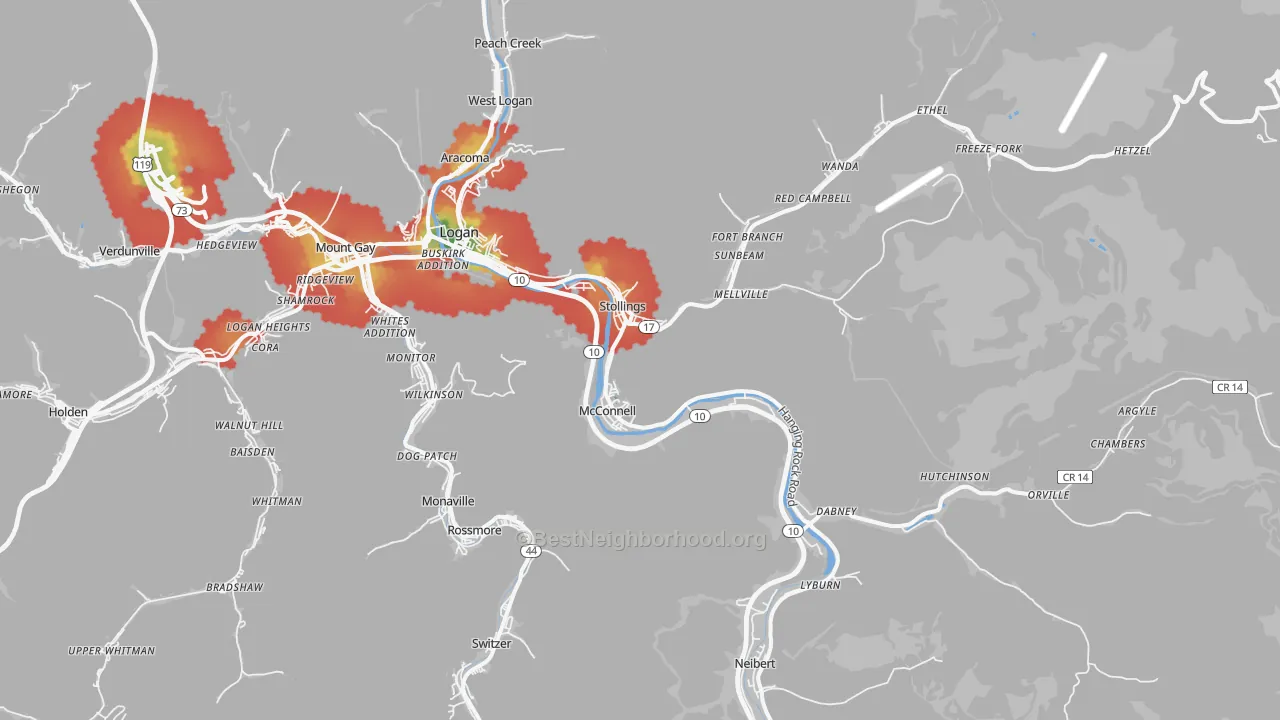 Walk Grade map of Stollings, WV, walkable areas in green and car-dependent areas in red
