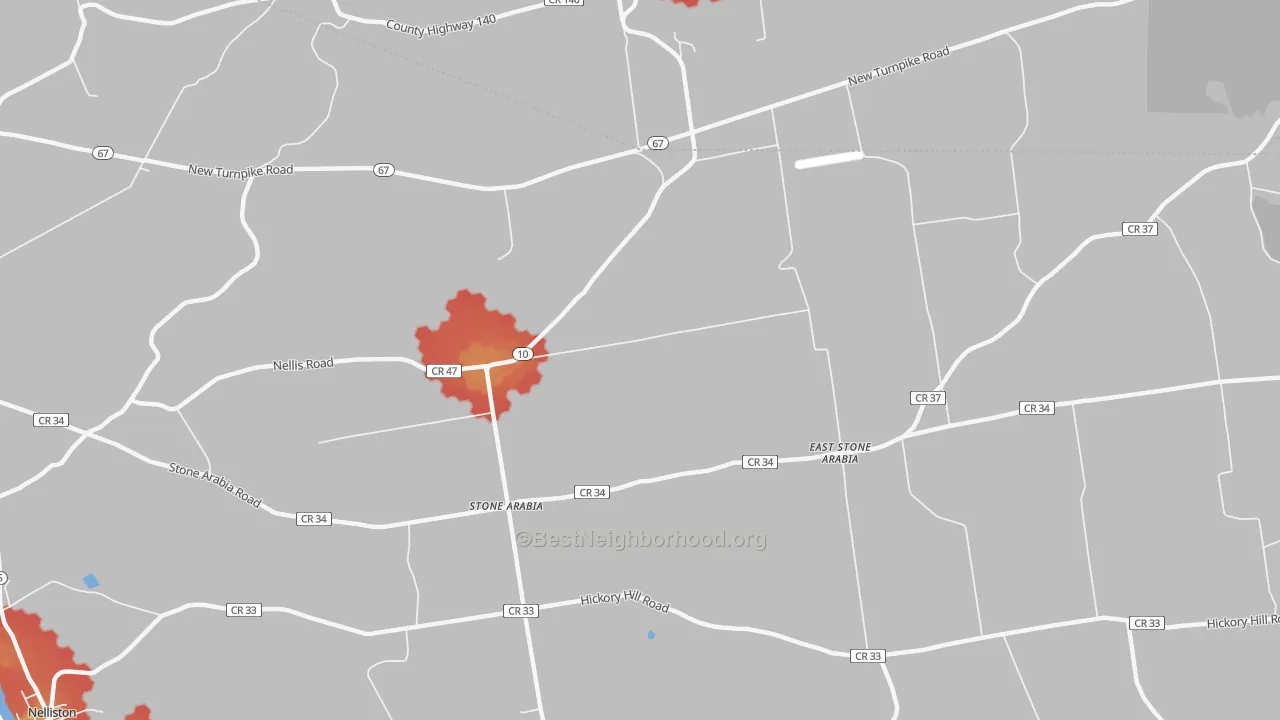 Walk Grade map of Stone Arabia, NY, walkable areas in green and car-dependent areas in red
