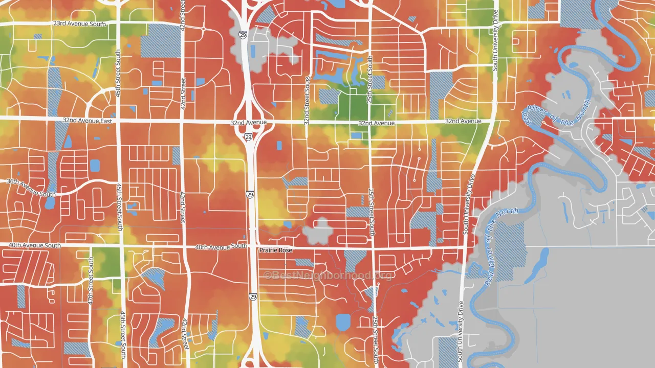 Walk Grade map of Stone Bridge, Fargo, ND, walkable areas in green and car-dependent areas in red