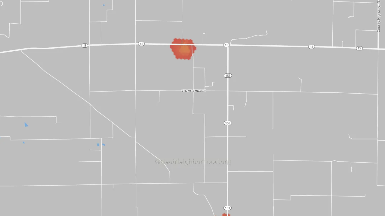 Walk Grade map of Stone Church, IL, walkable areas in green and car-dependent areas in red