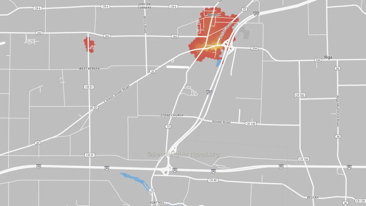 Walk Grade map of Stone Church, NY, walkable areas in green and car-dependent areas in red