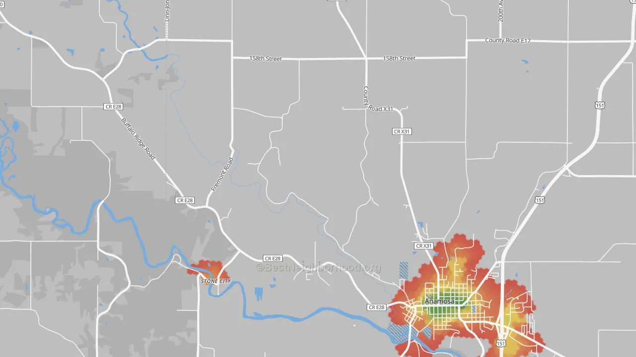 Walk Grade map of Stone City, IA, walkable areas in green and car-dependent areas in red