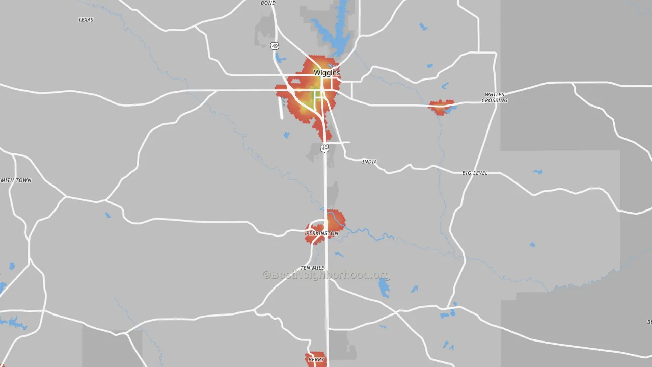 Walk Grade map of Stone County, MS, walkable areas in green and car-dependent areas in red