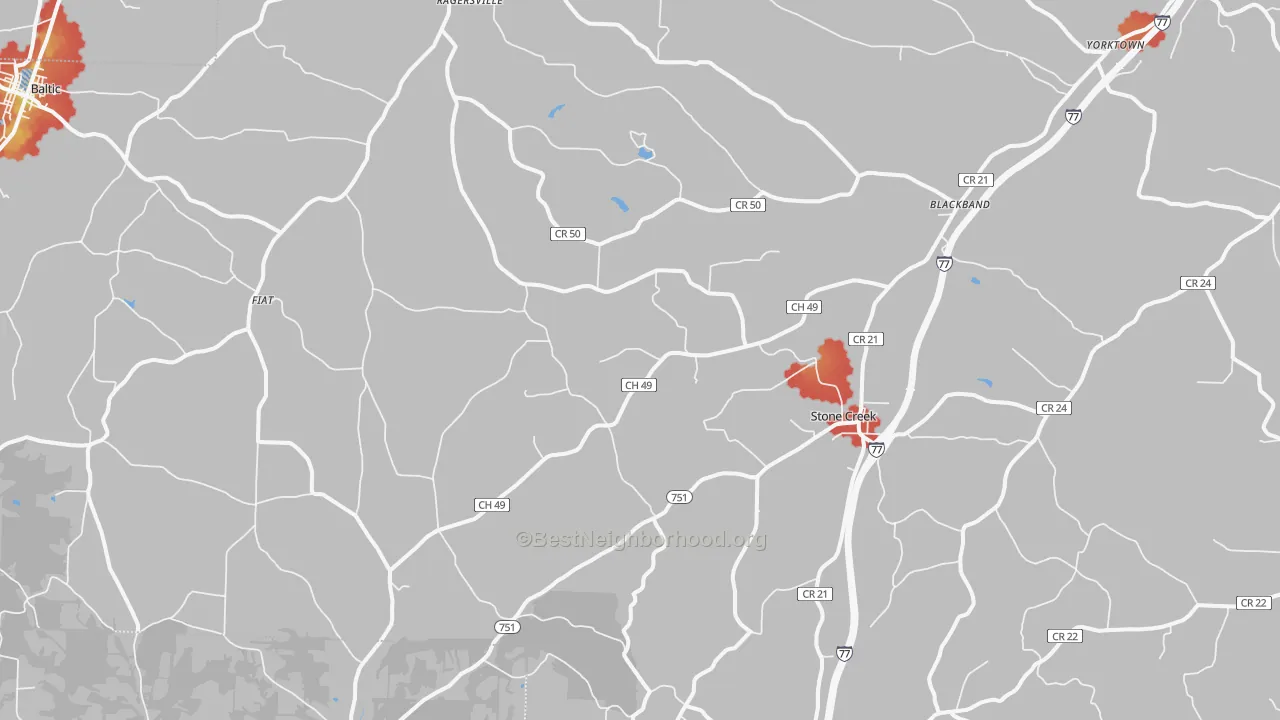 Walk Grade map of Stone Creek, OH, walkable areas in green and car-dependent areas in red