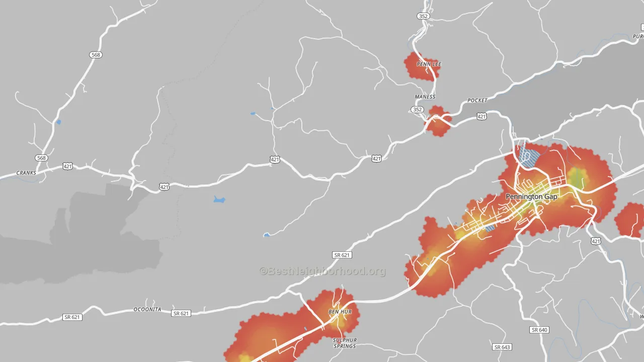 Walk Grade map of Stone Creek, VA, walkable areas in green and car-dependent areas in red