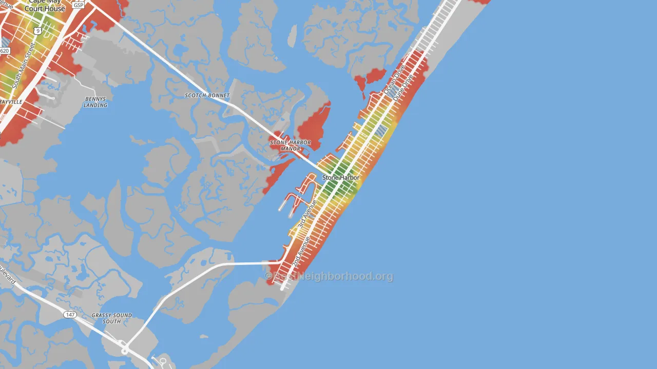 Walk Grade map of Stone Harbor, NJ, walkable areas in green and car-dependent areas in red
