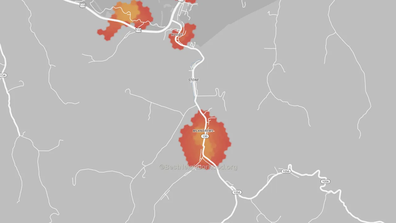 Walk Grade map of Stone, KY, walkable areas in green and car-dependent areas in red