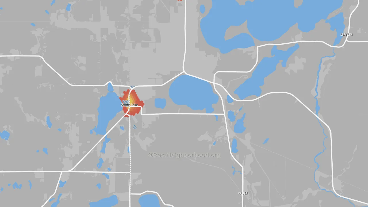 Walk Grade map of Stone Lake, WI, walkable areas in green and car-dependent areas in red