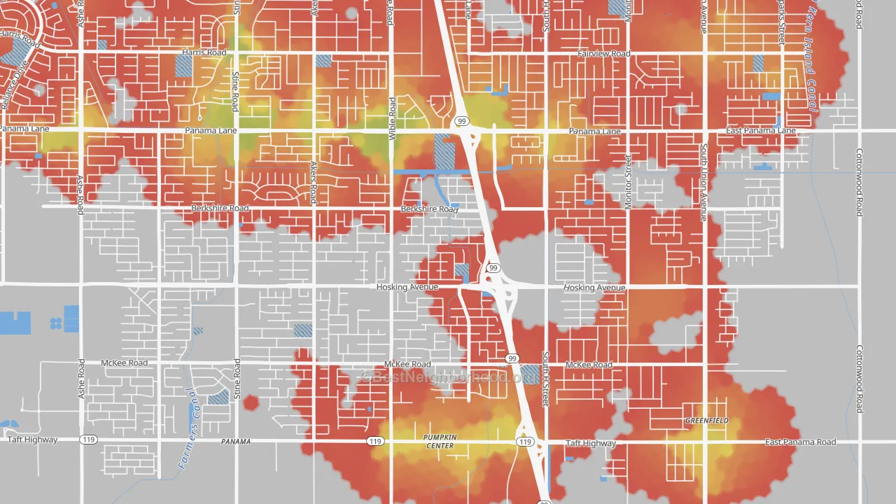 Walk Grade map of Stone Meadows, Bakersfield, CA, walkable areas in green and car-dependent areas in red