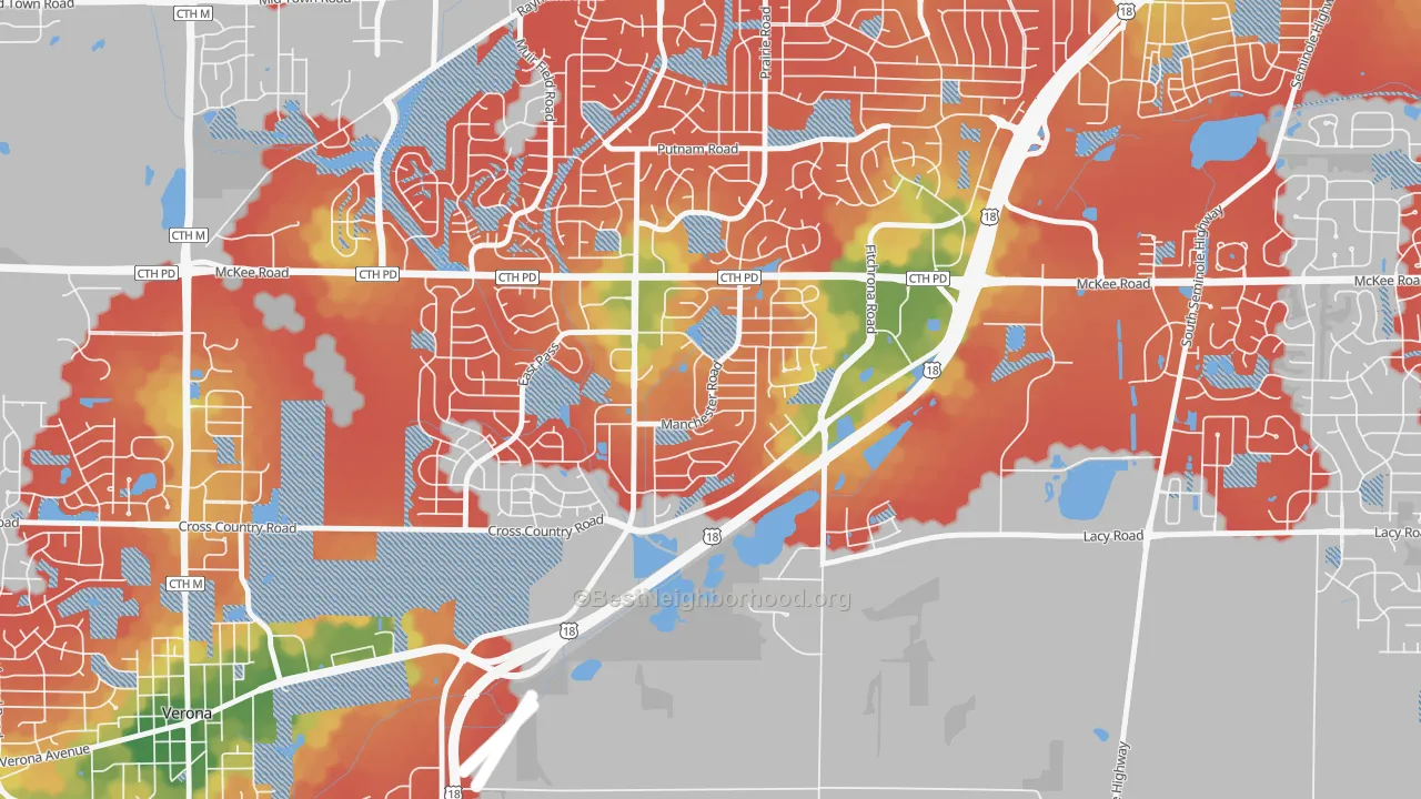 Walk Grade map of Stone Meadows, Madison, WI, walkable areas in green and car-dependent areas in red