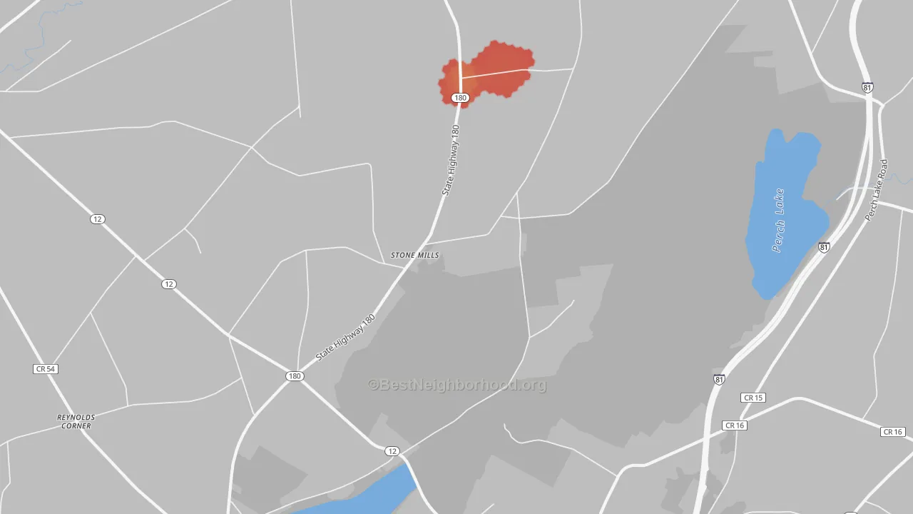 Walk Grade map of Stone Mills, NY, walkable areas in green and car-dependent areas in red