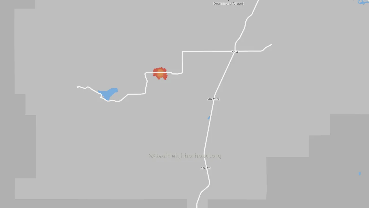 Walk Grade map of Stone, MT, walkable areas in green and car-dependent areas in red