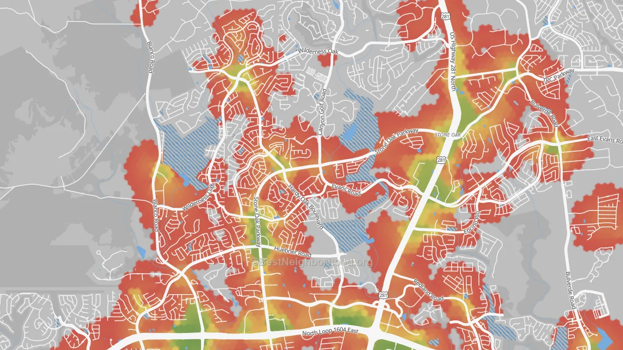 Walk Grade map of Stone Oak, San Antonio, TX, walkable areas in green and car-dependent areas in red