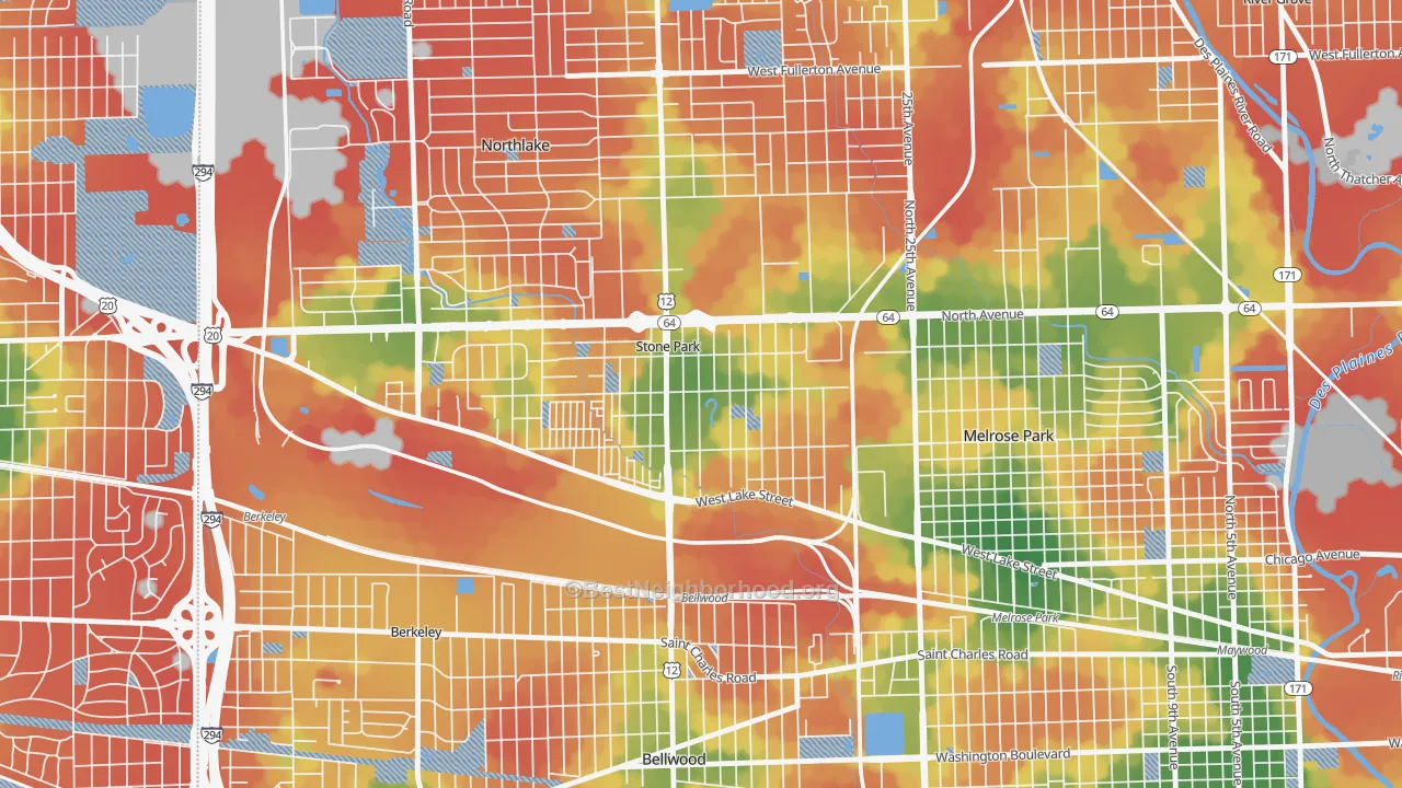 Walk Grade map of Stone Park, IL, walkable areas in green and car-dependent areas in red