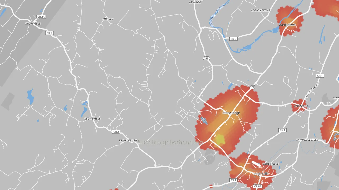 Walk Grade map of Stone Ridge, NY, walkable areas in green and car-dependent areas in red