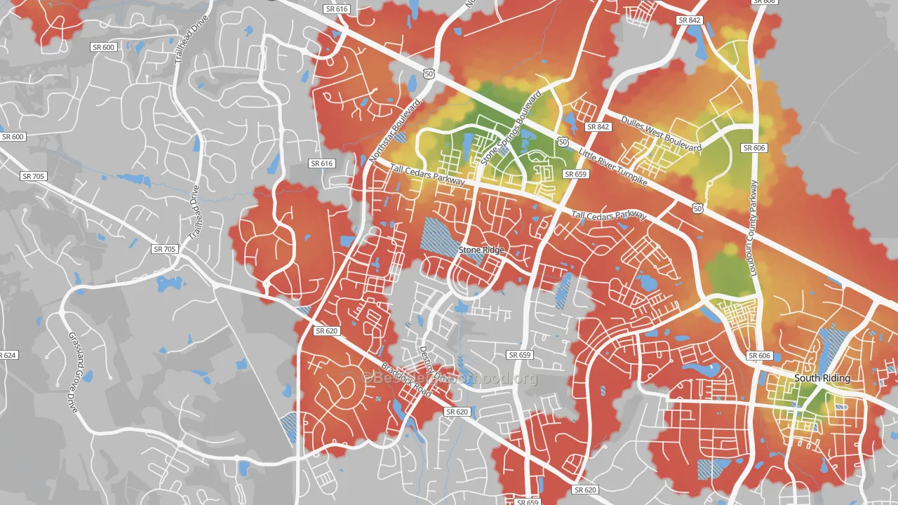 Walk Grade map of Stone Ridge, VA, walkable areas in green and car-dependent areas in red