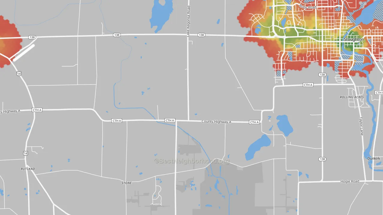 Walk Grade map of Stone, WI, walkable areas in green and car-dependent areas in red