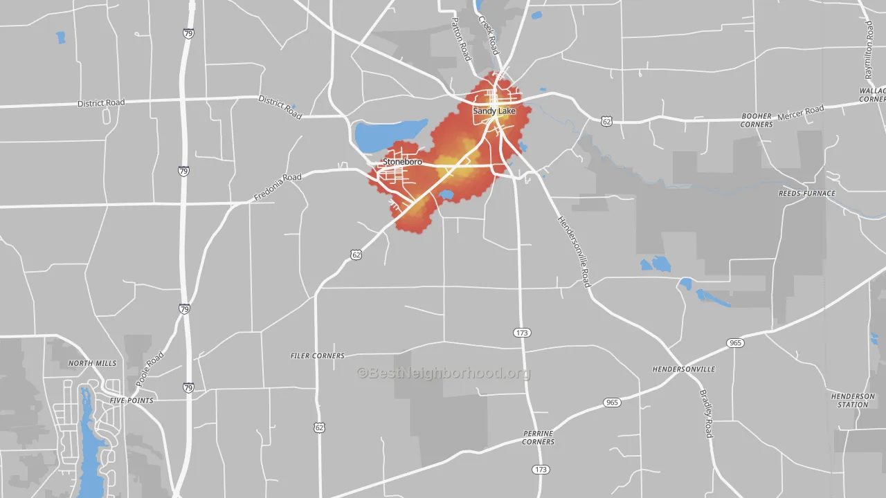 Walk Grade map of Stoneboro, PA, walkable areas in green and car-dependent areas in red