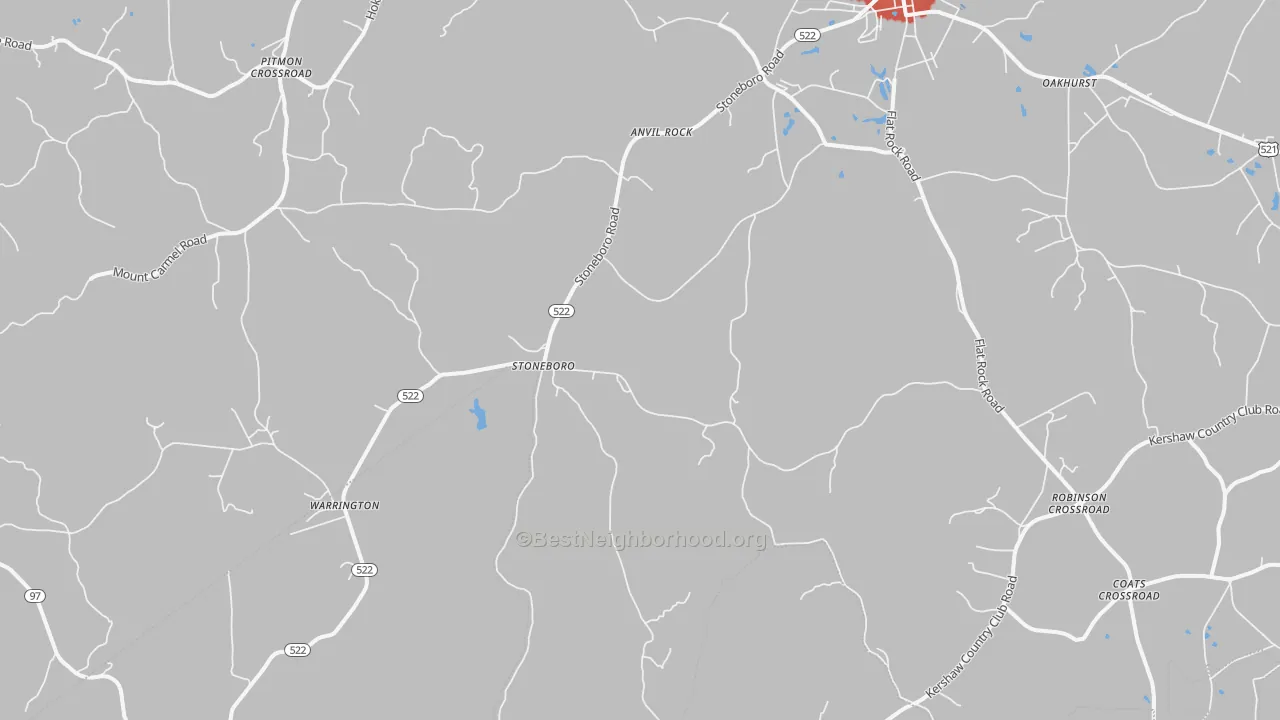 Walk Grade map of Stoneboro, SC, walkable areas in green and car-dependent areas in red