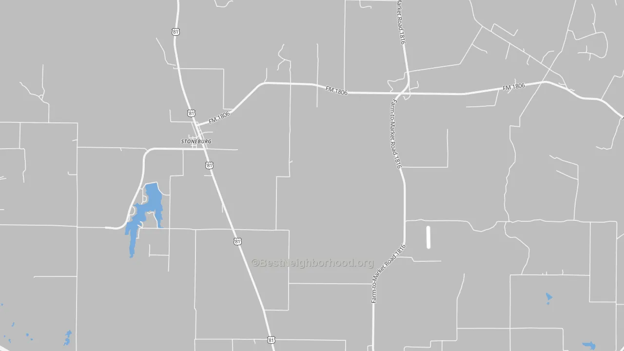 Walk Grade map of Stoneburg, TX, walkable areas in green and car-dependent areas in red