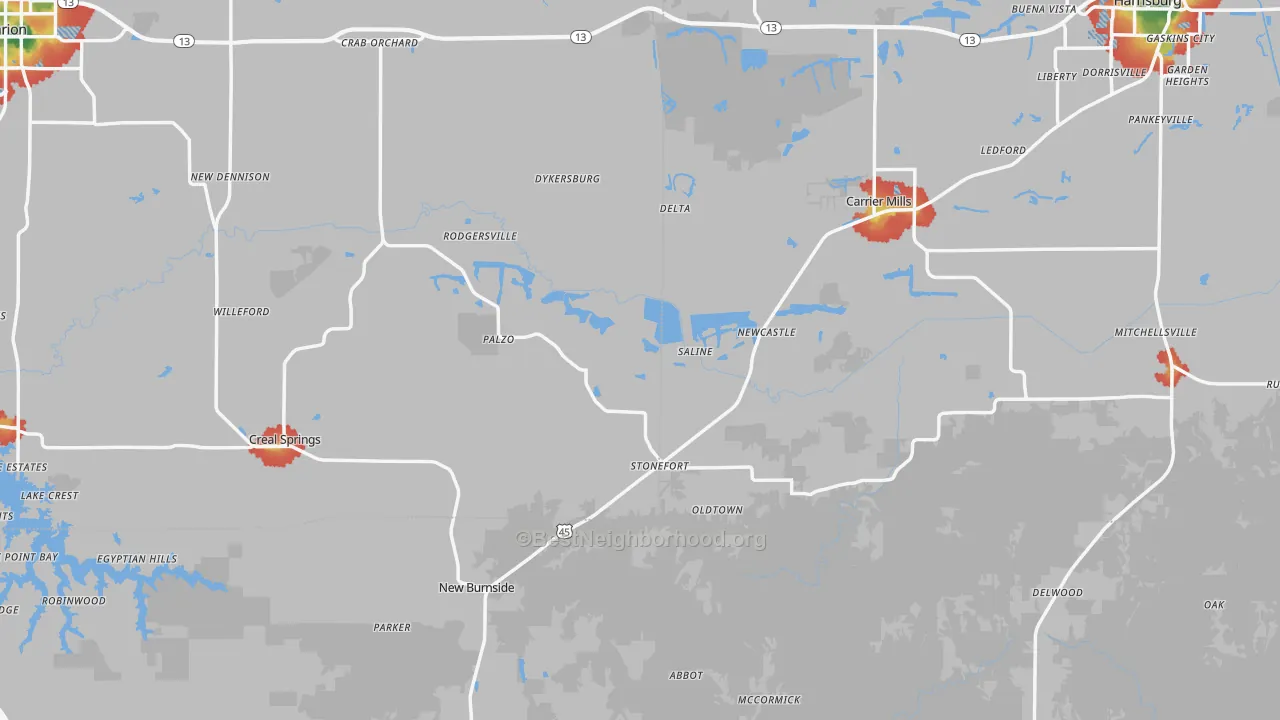 Walk Grade map of Stonefort, IL, walkable areas in green and car-dependent areas in red