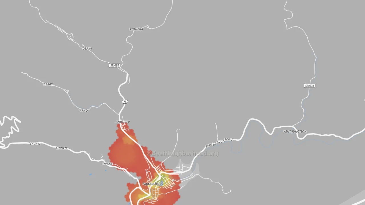 Walk Grade map of Stonega, VA, walkable areas in green and car-dependent areas in red
