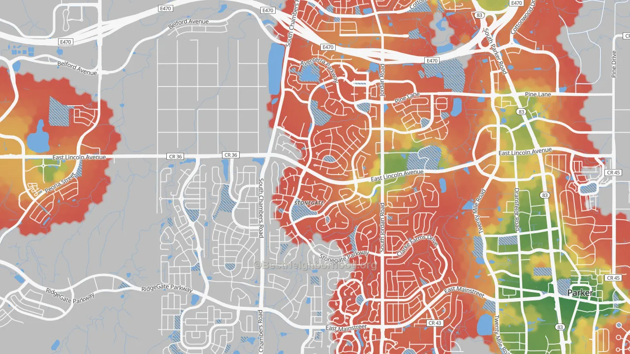 Walk Grade map of Stonegate, CO, walkable areas in green and car-dependent areas in red