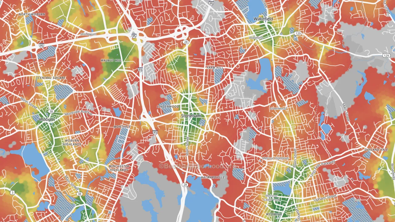 Walk Grade map of Stoneham, MA, walkable areas in green and car-dependent areas in red