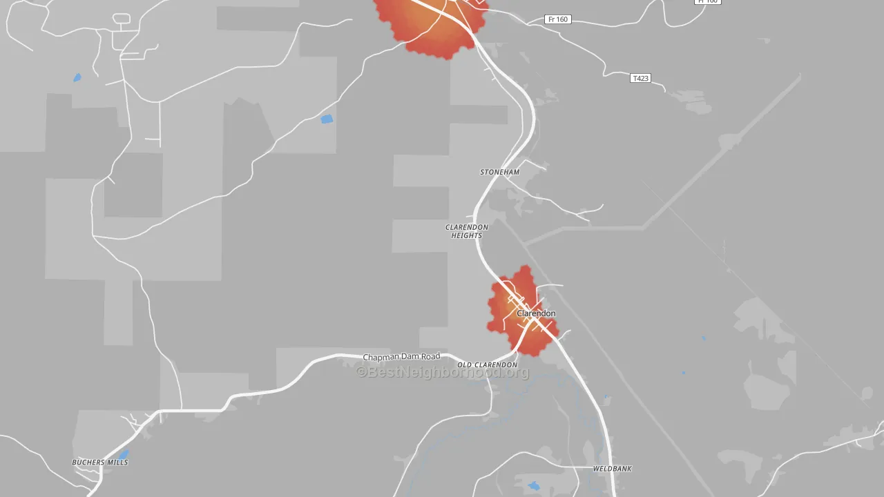 Walk Grade map of Stoneham, PA, walkable areas in green and car-dependent areas in red