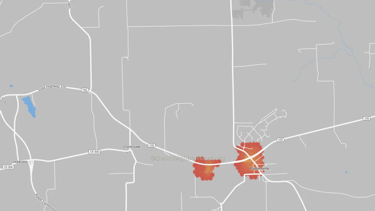 Walk Grade map of Stoneham, TX, walkable areas in green and car-dependent areas in red