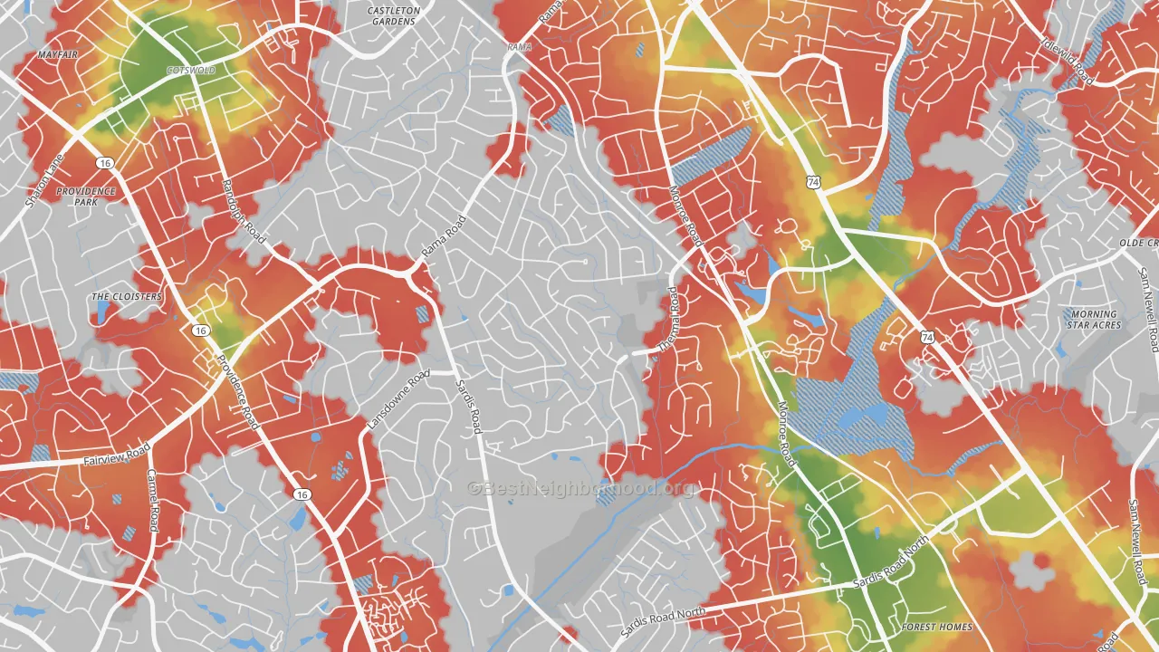 Walk Grade map of Stonehaven, Charlotte, NC, walkable areas in green and car-dependent areas in red