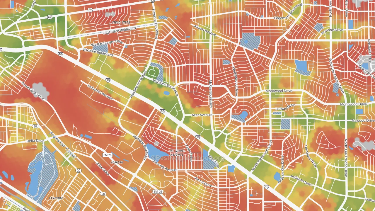 Walk Grade map of Stonehaven, El Paso, TX, walkable areas in green and car-dependent areas in red