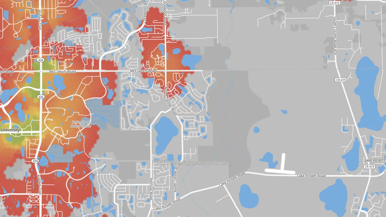 Walk Grade map of Stonemeade, Alafaya, FL, walkable areas in green and car-dependent areas in red