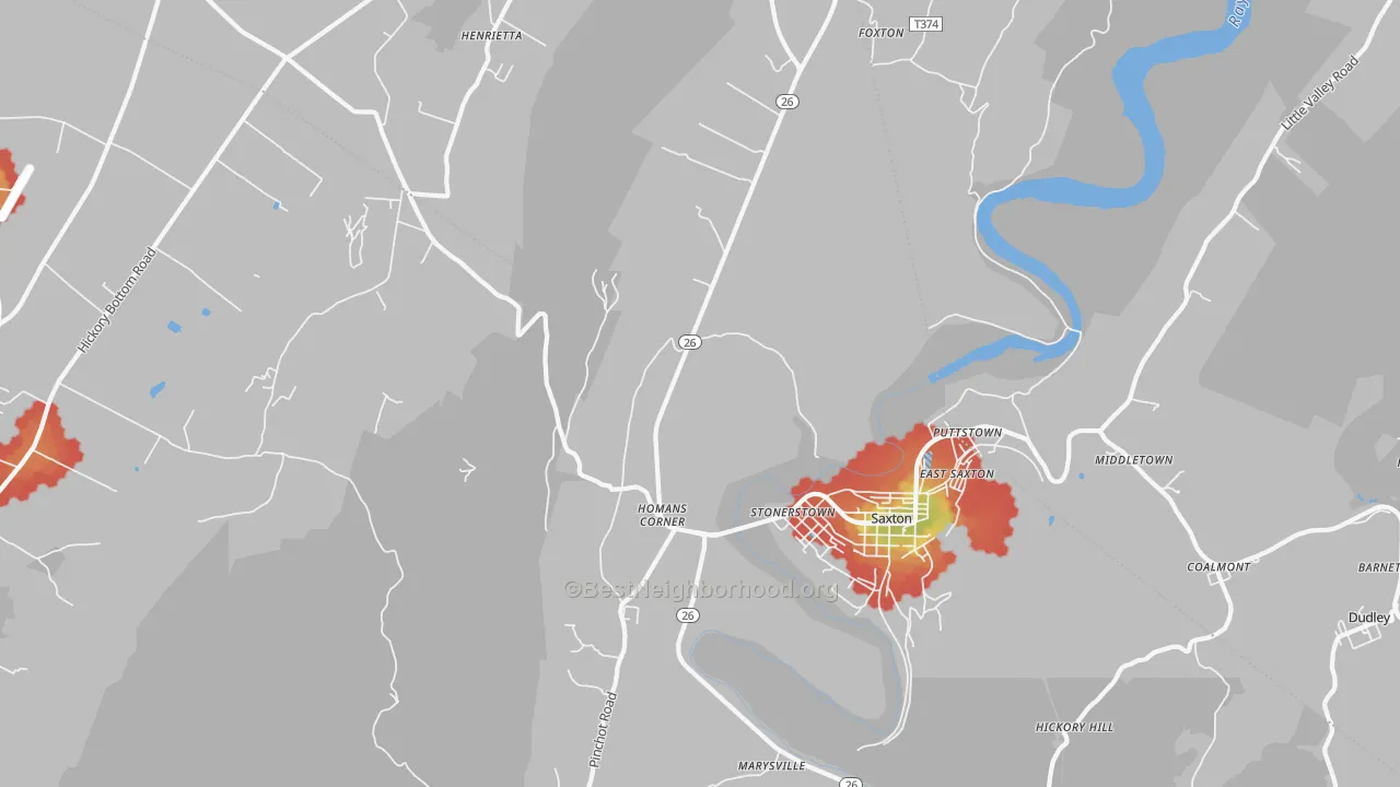 Walk Grade map of Stonerstown, PA, walkable areas in green and car-dependent areas in red