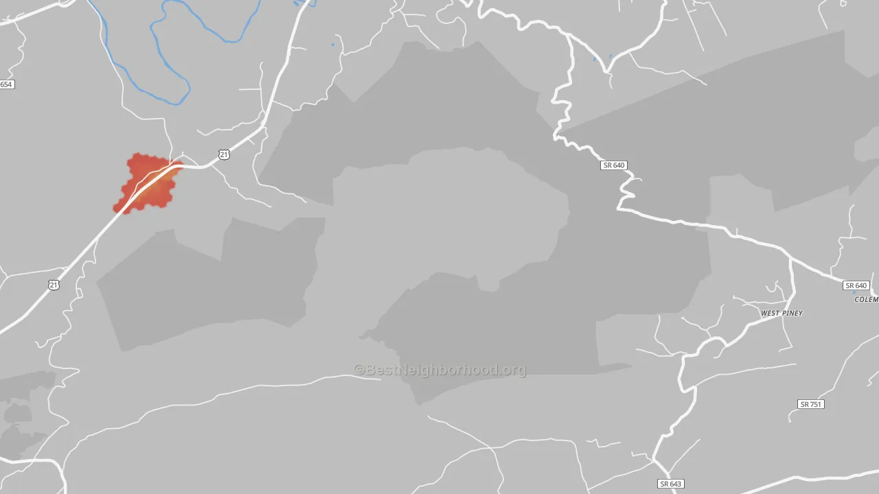 Walk Grade map of Stones Mill, VA, walkable areas in green and car-dependent areas in red