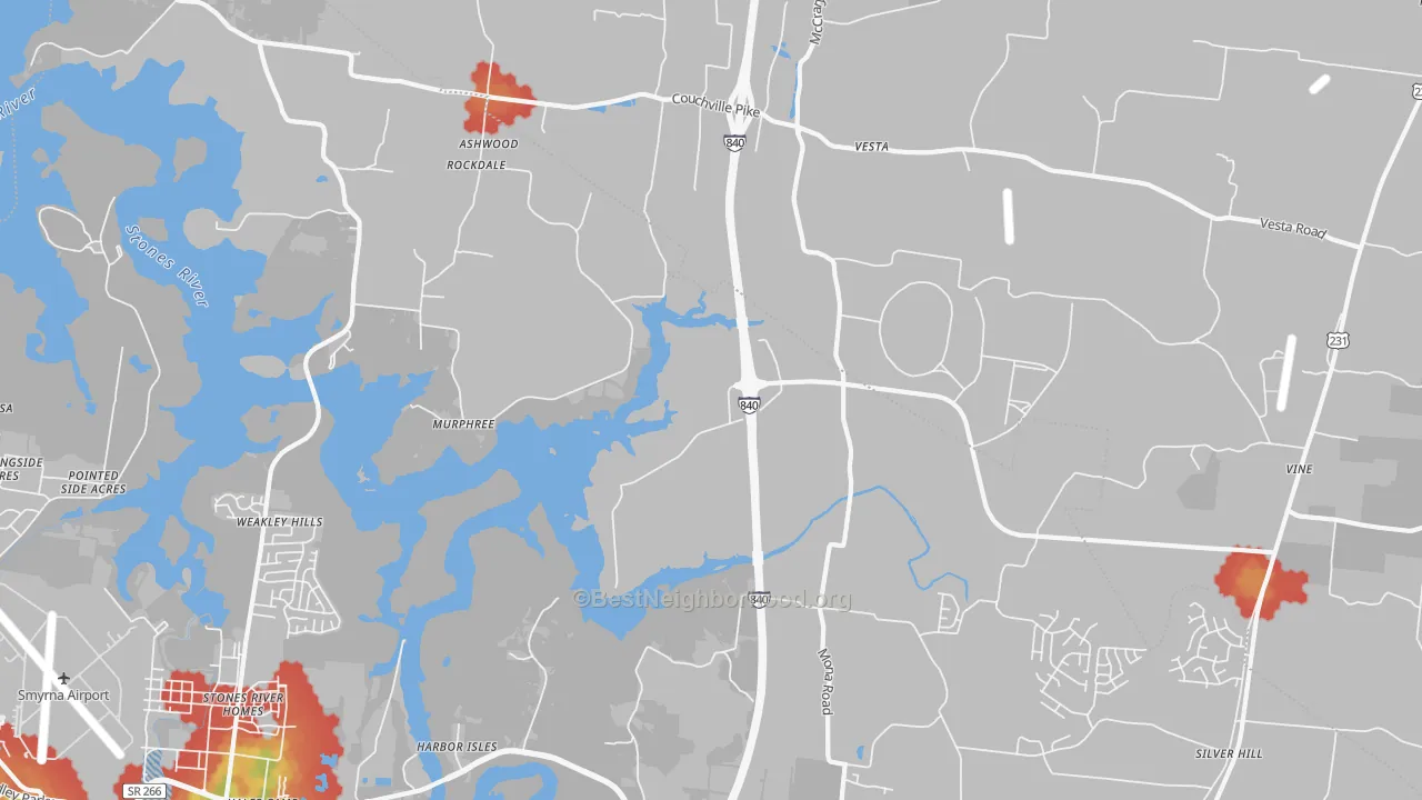 Walk Grade map of Stones River Homes, TN, walkable areas in green and car-dependent areas in red