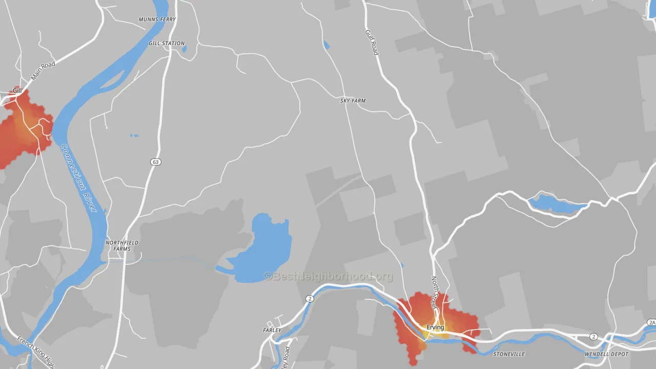 Walk Grade map of Stoneville, MA, walkable areas in green and car-dependent areas in red