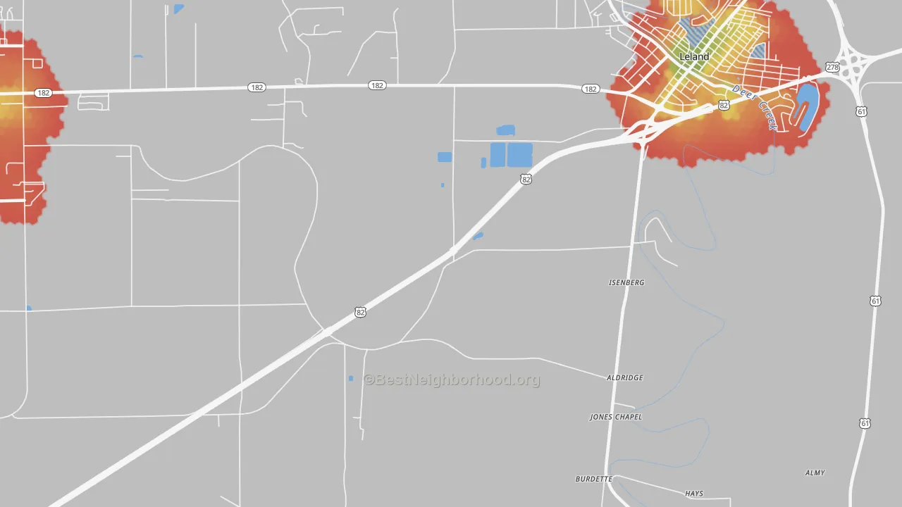 Walk Grade map of Stoneville, MS, walkable areas in green and car-dependent areas in red