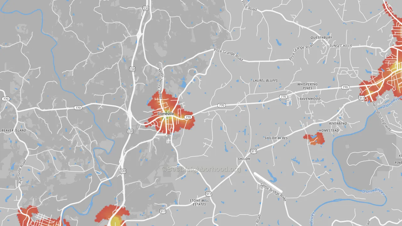 Walk Grade map of Stoneville, NC, walkable areas in green and car-dependent areas in red