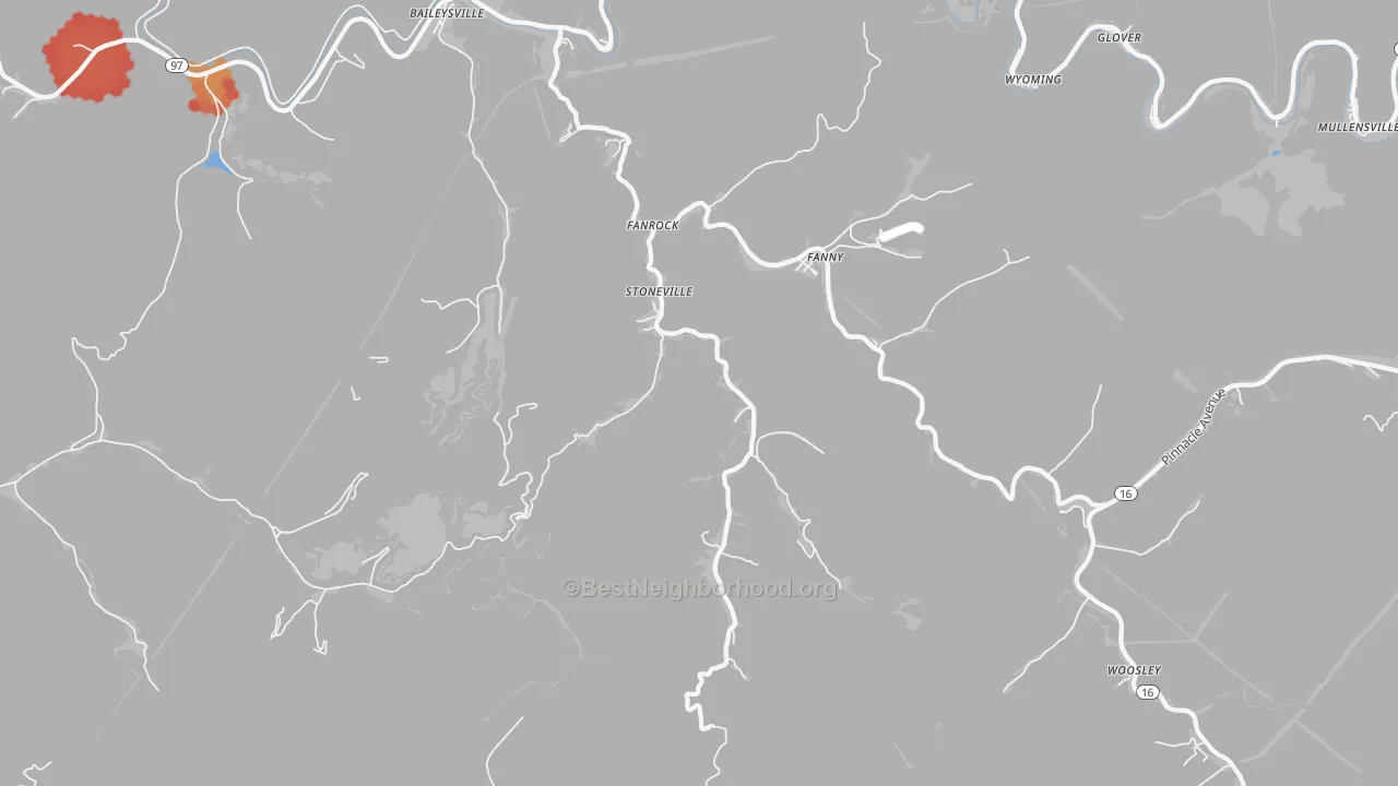 Walk Grade map of Stoneville, WV, walkable areas in green and car-dependent areas in red