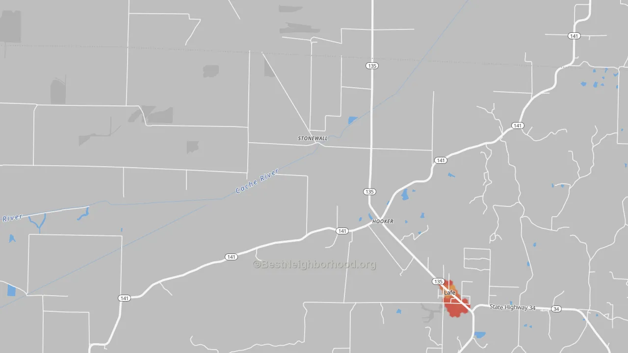 Walk Grade map of Stonewall, AR, walkable areas in green and car-dependent areas in red
