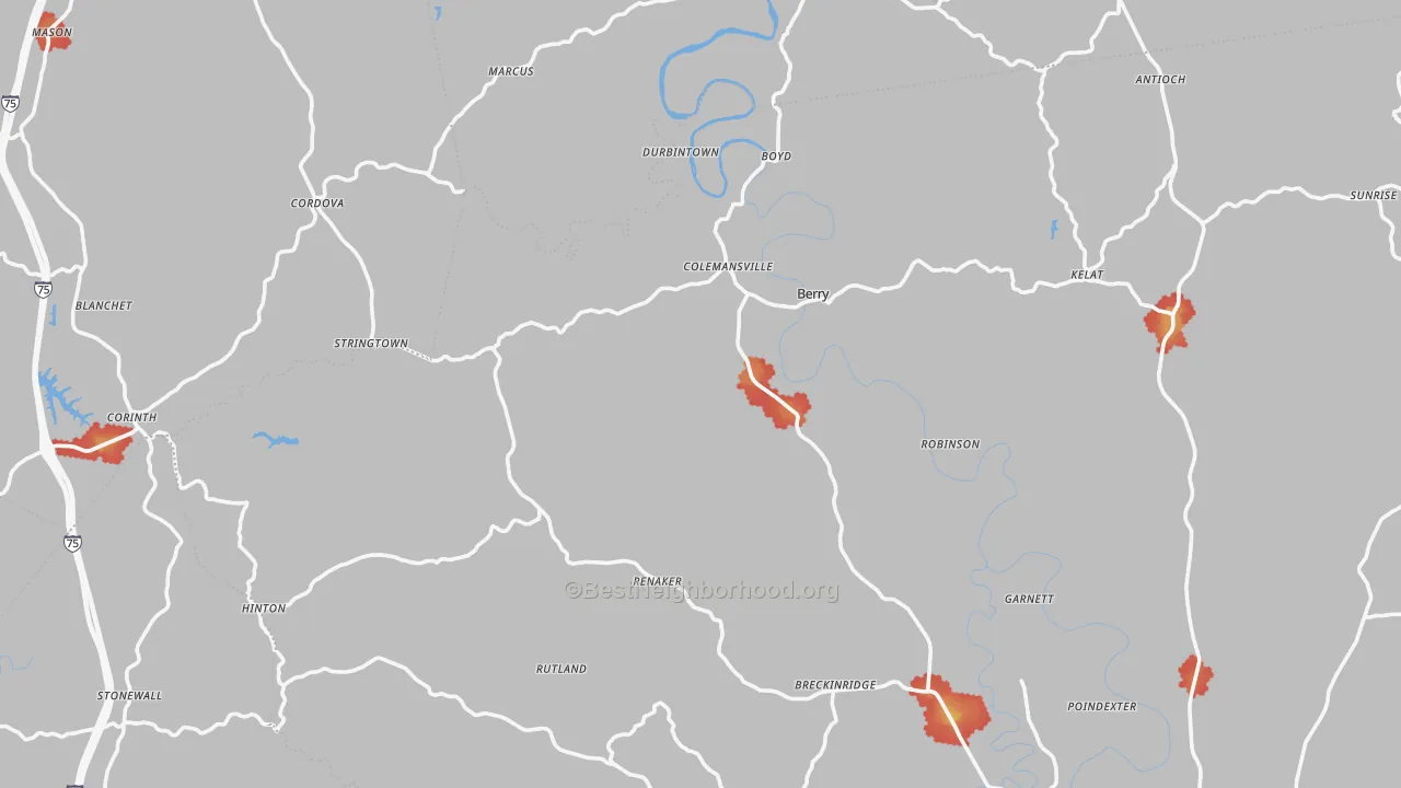 Walk Grade map of Stonewall, KY, walkable areas in green and car-dependent areas in red