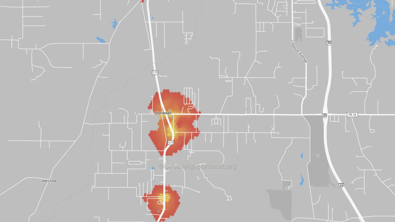 Walk Grade map of Stonewall, LA, walkable areas in green and car-dependent areas in red