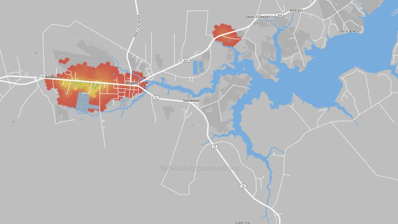 Walk Grade map of Stonewall, NC, walkable areas in green and car-dependent areas in red